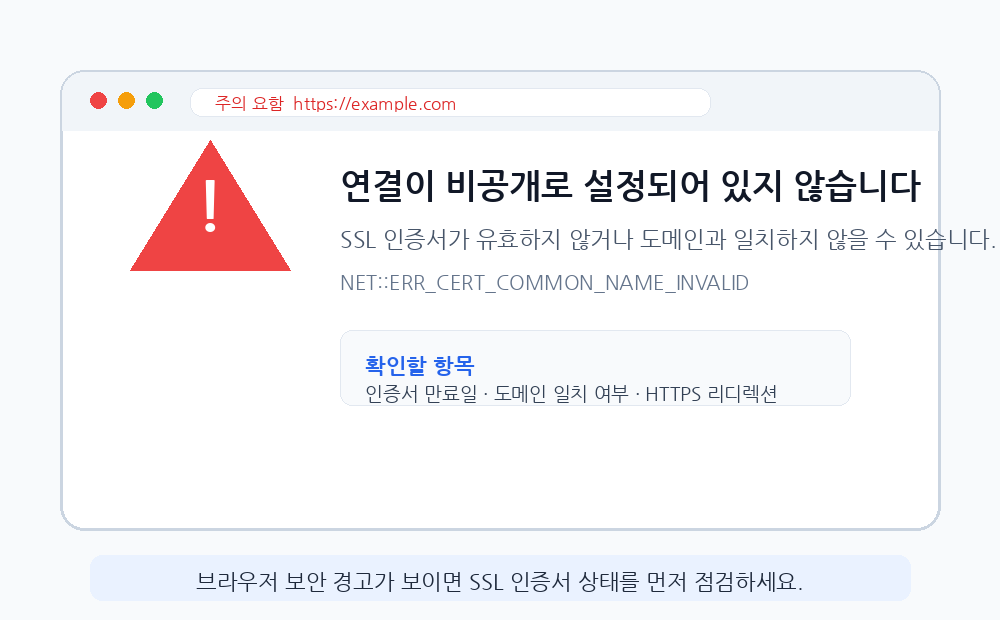 SSL 인증서 오류 브라우저 경고 예시